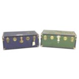 Two vintage trunks, one green, 91 by 52 by 37cm high, and one blue, 92 by 50.5 by 35cm high. (2)