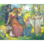 English School (19th century): study of muses in a wooden glade, with sheaves of corn and flowers in