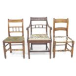 A group of three 19th century chairs, comprising a mahogany open armchair with embroidered drop in