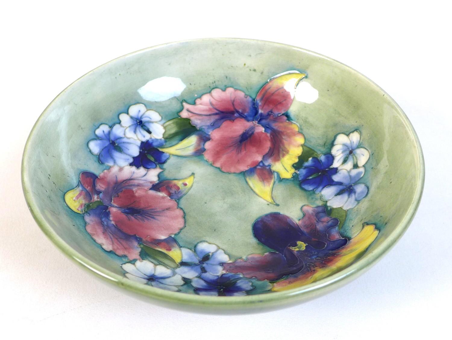 A Moorcroft bowl, the pale green ground decorated with Irises and blue violas, tublined and painted, - Image 2 of 4