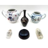 A group of six Oriental wares, including a European tea pot decorated in the Chinese style, 22 by 12