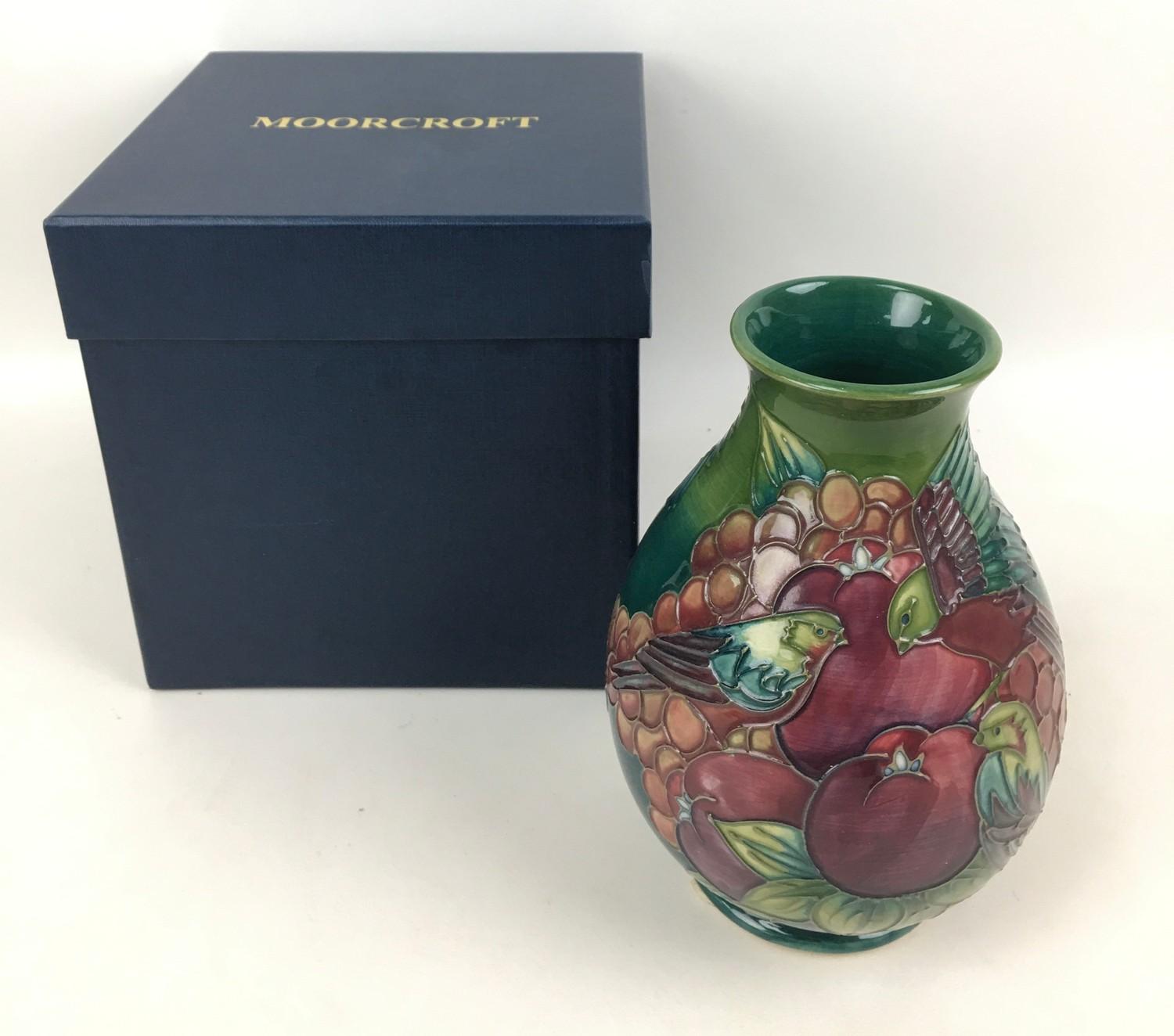 Two pieces Moorcroft pottery with finch and berry design by Sally Tuffin on green ground, comprising - Image 3 of 7