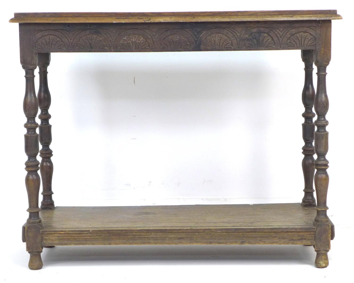 An 18th century style oak side table, with carved freeze decorated with shells, turned legs and - Image 2 of 4