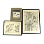 Three continental country scene and wildlife etchings, Falk Bang, 'Two owls' etching, 38.5 by 28.