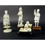 A group of four late 19th /early 20th century ivory figures, comprising an okimono of a fisherman on