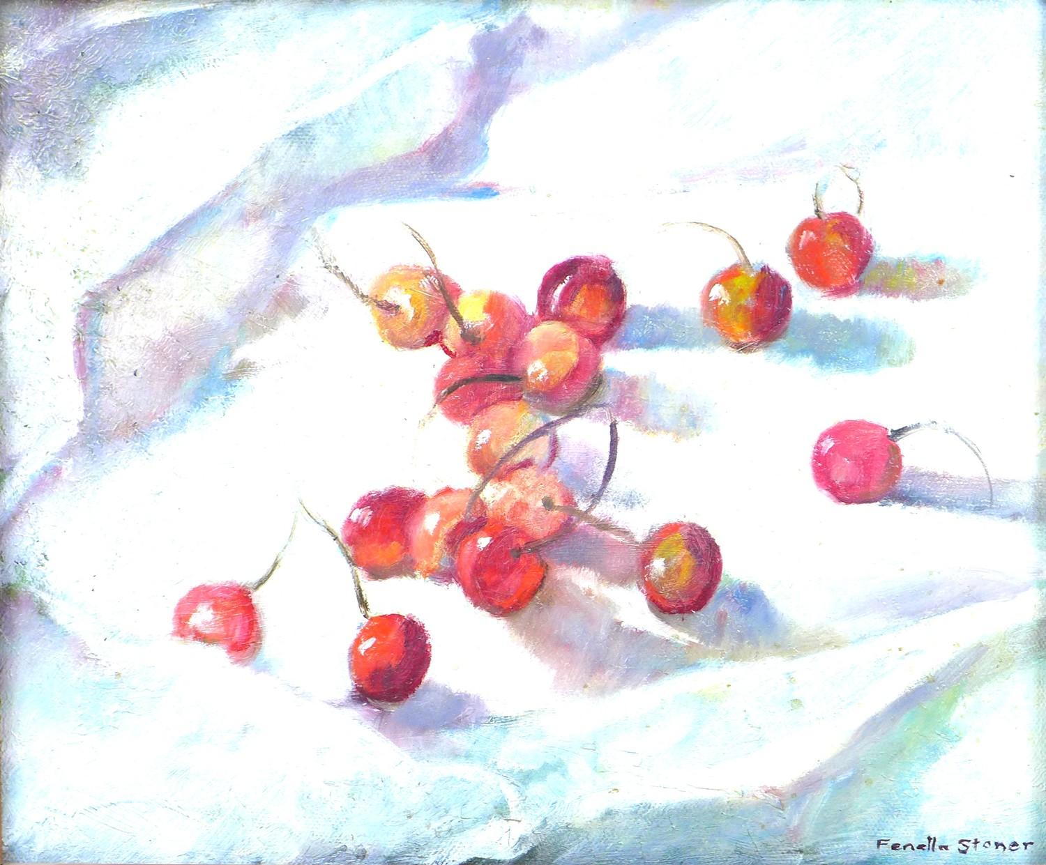 Fenella Stoner (British, 20th century): still life with sixteen cherries on a white tablecloth,