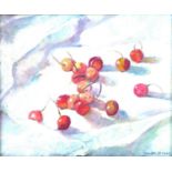 Fenella Stoner (British, 20th century): still life with sixteen cherries on a white tablecloth,