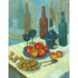 Thom (20th century): still life with wine bottles, fruit and nuts, signed lower right, oil on
