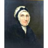 English School (19th century): half length portrait of a woman in black coat, and a white
