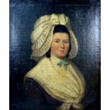 British School (19th century): a half length portrait of a woman in a bonnet, white shawl and blue