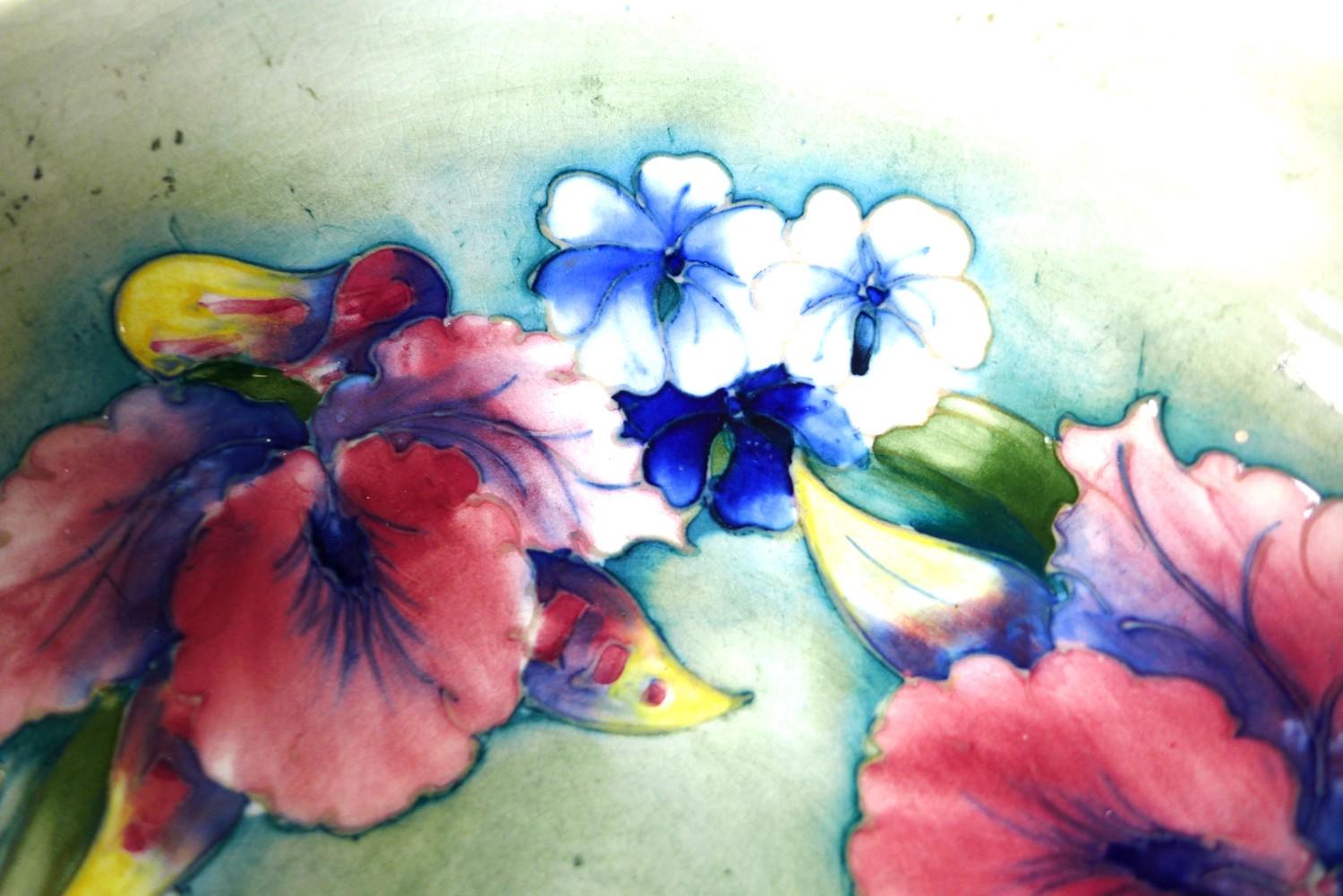 A Moorcroft bowl, the pale green ground decorated with Irises and blue violas, tublined and painted, - Image 3 of 4