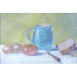 British School (20th century): still life kitchen scene with a blue jug and a knife on a table,