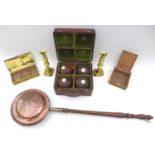 A group of copper and brass items, including a copper warming pan, 108 by 31 by 10cm high, a pair of