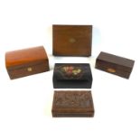 Four wooden jewellery boxes and a canteen, comprising an early 20th century dome topped box, with