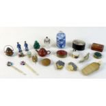 A group of small collectables and ornaments, including a miniature Chinese blue and white rouleau