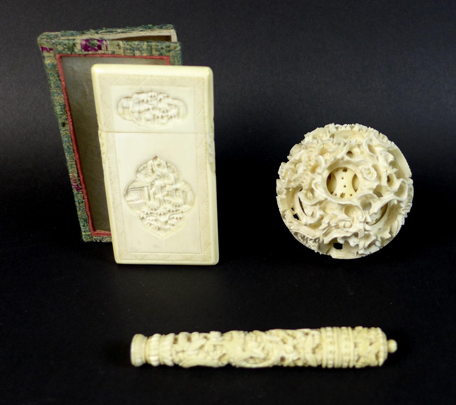 A group of three late 19th / early 20th century Chinese ivory items comprising a card case, the