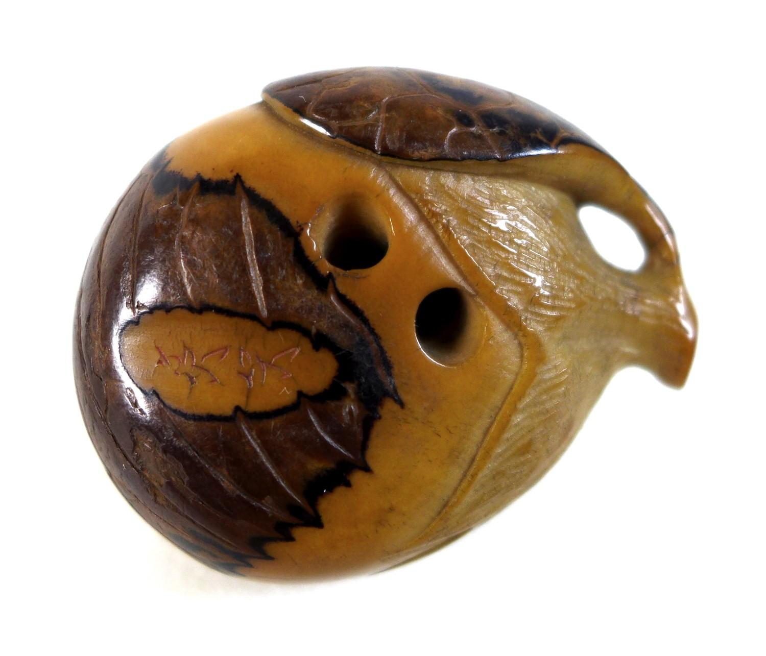 A Japanese Katabori netsuke, likely Meiji period, made out of a tagua nut and shell and carved in - Image 6 of 7