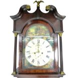 A George III oak long case clock, the painted arched dial emblematic of the seasons, black Roman