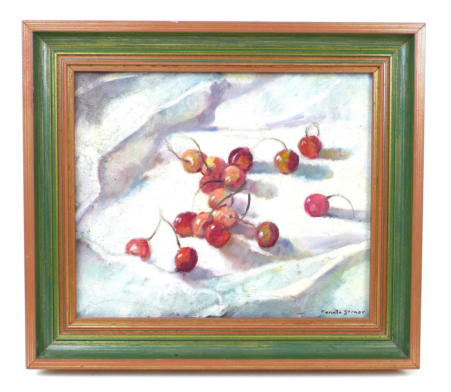 Fenella Stoner (British, 20th century): still life with sixteen cherries on a white tablecloth, - Image 2 of 4