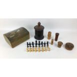 A collection of treen, including a thirty two piece boxwood and ebony chess pieces housed within a