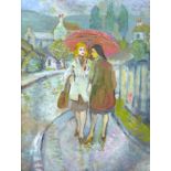Isabel Veevers (British, 1900-1981): two women standing under a red umbrella, unsigned, paper labels