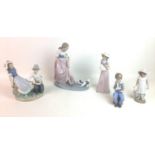 Five Nao by Lladro porcelain figurines, comprising "Let's play" figurine of young lady with a