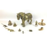 A collection of brass items, comprising a heavy cast brass shire horse figure, 34 by 14 by 25.5cm