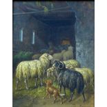 D. Newey (19th century): dog herding sheep into a barn, with a black ram to the front, signed