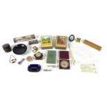 A group of 19th century and later collectables and ornaments, including an steel crest seal, a cigar