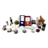 A group of modern pill boxes and ornaments, including a boxed Halcyon days enamel box, a small