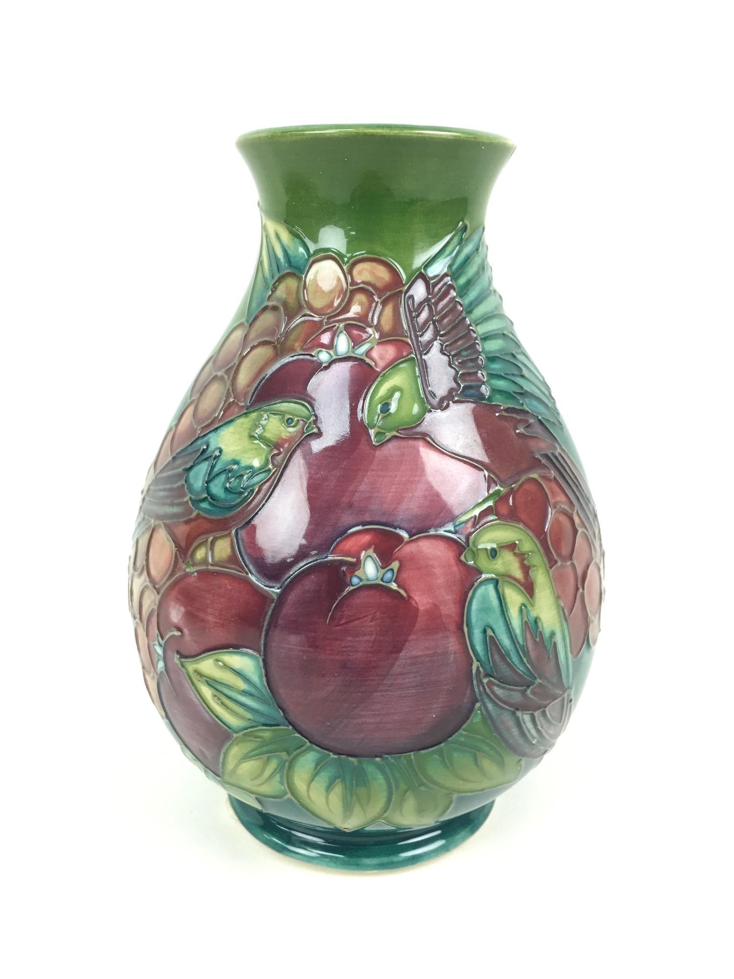 Two pieces Moorcroft pottery with finch and berry design by Sally Tuffin on green ground, comprising - Image 2 of 7