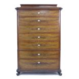 A French 19th century mahogany semainier, the seven drawers with mother of pearl escutcheons, raised
