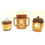 A Royal Doulton Lambeth ware tyg, 15cm high, together with a Doulton Lambeth ware tobacco jar 14.5cm