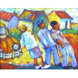 Solomon Siko (South African, 20th century): study of three figures, a car and three huts, signed and