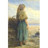 Joseph Knight (British, 1837-1909): study of a fisher girl, standing beside the seashore holding a