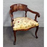 A 19th century Dutch marquetry inlaid tub back open armchair on cabriole supports,