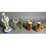 A Royal Worcester jug, a pair of glass vases, a Majolica jug and a Continental figure, 26cm high,