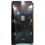A pair of 20th century black lacquer single wardrobes, 80cm wide x 196cm high.