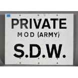 'Private M.O.D' a mid-20th century metal army base sign, 52cm wide.