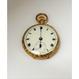 A lady's 9ct gold cased, keyless wind, openfaced fob watch, with a gilt Swiss cylinder movement,