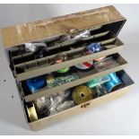 A Focus tackle/ tool box full of fly tying materials, salmon and trout hooks all unused,