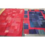 A patchwork cover, red, 198 x 143 and a similar cover, blue, 180cm x 134cm.