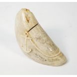 A late 19th century scrimshaw whale tooth detailed in black ink 'Last Voyage Oct 1882,