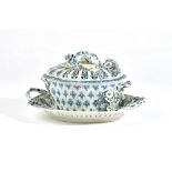 A Worcester blue and white two-handled shaped oval chestnut basket, pierced cover and stand,