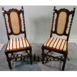 A set of six 18th century style oak dining chairs on barley twist supports, 46cm wide x 108cm high,