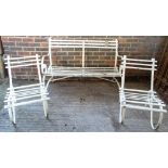 An early 20th century white painted metal slatted garden bench,
