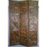 A large 19th century canvas covered three fold screen, decorated with Eastern interior scenes,