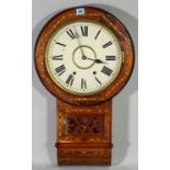 An Edwardian inlaid mahogany drop dial wall clock, 46cm wide x 72cm high.