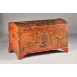 An early 18th century Chinese export domed topped scarlet lacquered trunk with original embossed