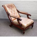 A William IV mahogany leather upholstered open arm easy chair with adjustable back and integral